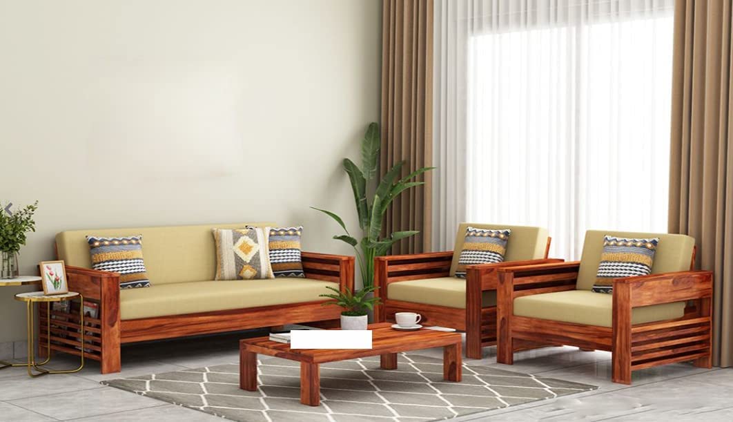 5 seater solid sheesham wood sofa set for living room | wooden sofa set | sofa set furniture for home| 3+1+1 sofa seater | sheesham wood, honey oak brown