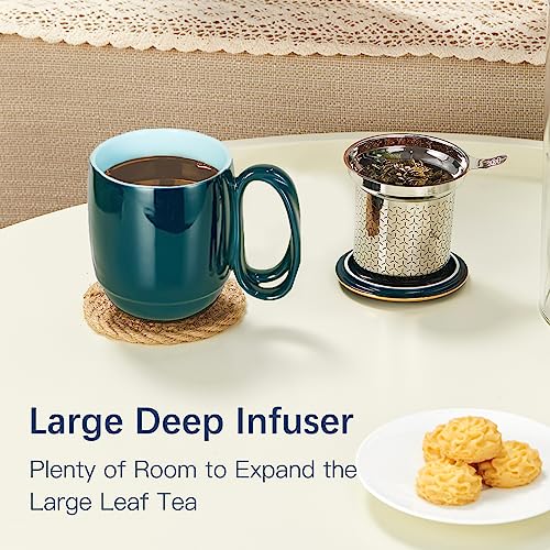 ZENS Tea Cup with Infuser and Lid, 16 Ounces Entwined Handle Porcelain Mug, Loose Tea Steeping Mug with Gold Trim Lid for Tea Gift/Dark Green 480ML
