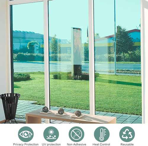 Image of CREON One Way Window Film, Privacy Window, UV Blocking, Non-Adhesive Static Cling Heat Control Reflective Glass Film for Home and Office 20x55 (Inch), Slvr-Green