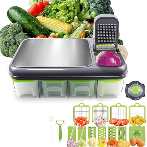 Picadora Y Cortadora De Verduras 15 En 1 - Picadora De Alimentos Multifuncional Con Recipiente, Rebanadora De Mandolina, Cortadora En Cubitos, Rallador, Pelador Y Herramientas De Limpieza - Utensilio