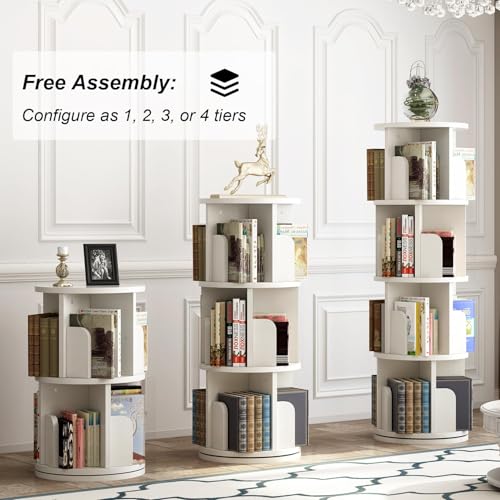 Rotating Bookshelf, 4-Tier Bookcase Storage Rack for Kids & Adults, Corner Spinning Book Shelf for Small Space, Wood Revolving Bookcase Organizer for Bedroom, Living Room, White