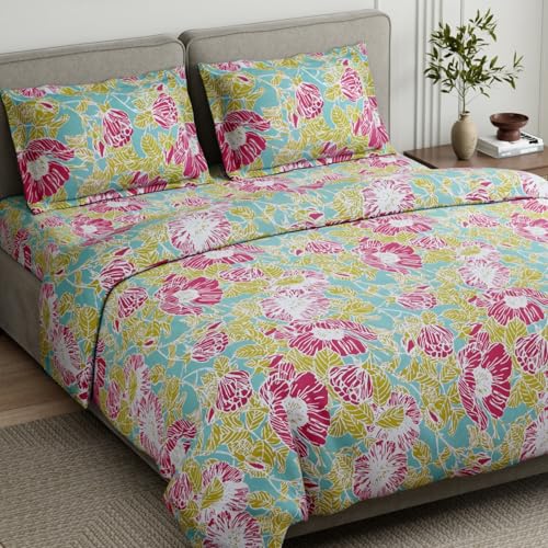 Image of haus & kinder Double Bedsheet for Queen Size Bed | 90 x 100 Inches 186 TC Cotton Bedsheet for Double Bed with 2 Pillow Covers - Petal Veranda Multi