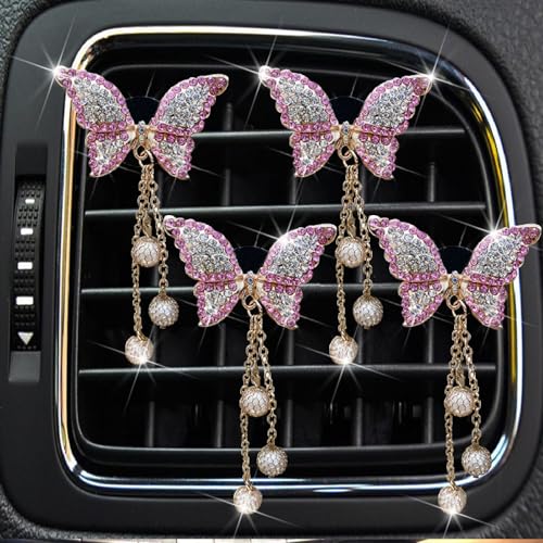 Image of Pink Butterfly Air Vent Clips, 4 Pcs Bling Butterfly Air Fresheners Vents Clips Diamond Car Interior Decor Bling Cute Car Accessories Decoration for Women+ Heart Mask Hook