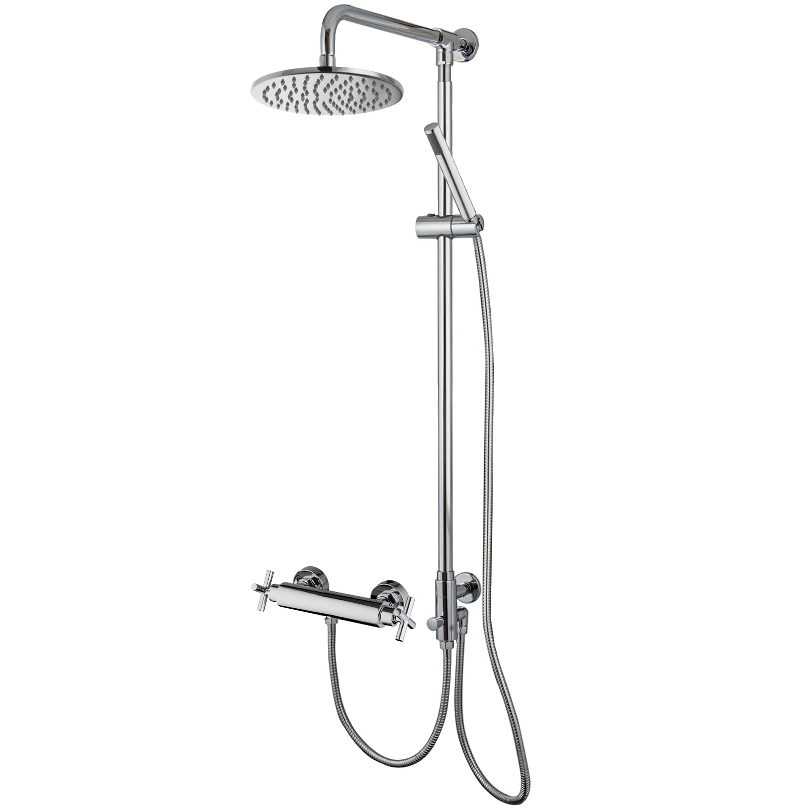 System prysznicowy Juliet, deszcz 20 cm, solidny mosiądz, chromowane wykończenie, montaż ścienny, odległość wiercenia 97-127 cm, wąż 150 cm