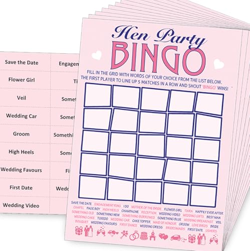 Hen Party Bingo Game 20 Player Bingo Cards with Calling Cards & Word Grid Fun Hen Do Game for Bride Tribe Bridal Shower & Bachelorette Party Game UK Printed - Lovely Little Things