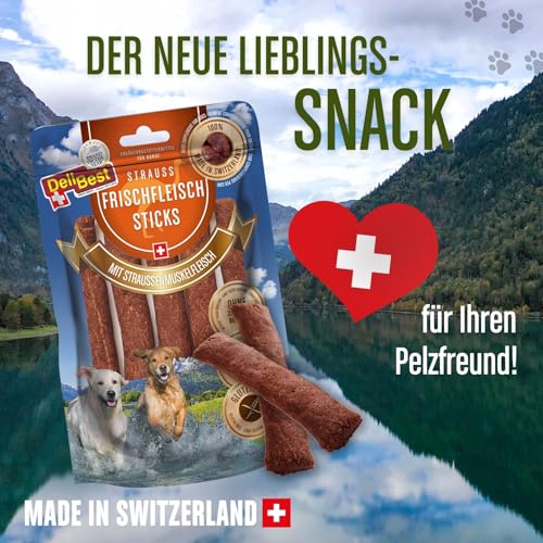 DeliBest Frischfleisch Straussen Sticks I Straussenfleisch für Hunde I Hundeleckerli getreidefrei I natürlicher Hunde Zahnsteinentferner I Hundezahnpflege Snack, 7 Stück (1er Pack)