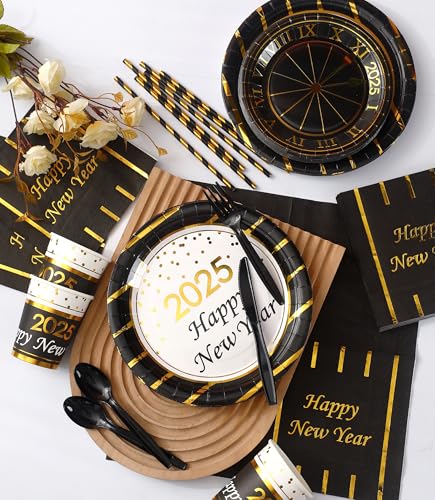 New Year Plates and Napkins Party Supplies 2025 - Serves 16 - Includes Happy New Year Plates and Napkins Cups Cutlery Straws for New Year Party Decorations Décor New Year Eve Party Favors Party Kit