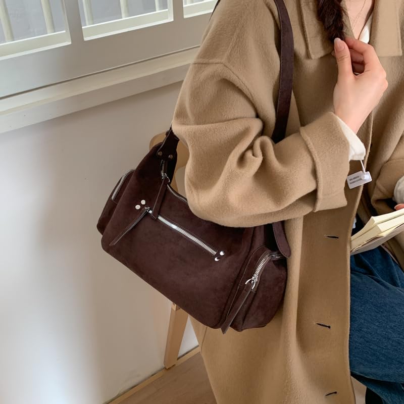 Sac à bandoulière en daim synthétique marron à fermeture éclair - 7