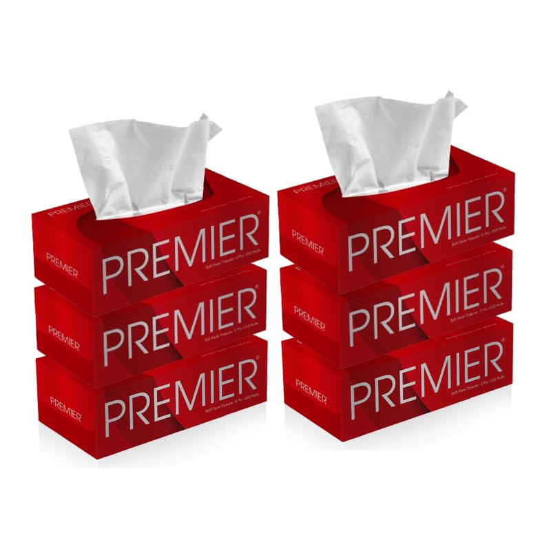 Image of Premier Box Tissue Paper 2 Ply | 1200 Pulls, 2400 Sheets | 200 pulls x 6 Packs | Super Absorbent Soft Facial Tissue Box | Suitable for Home, Office, Travelling | Car Tissue Box - Red