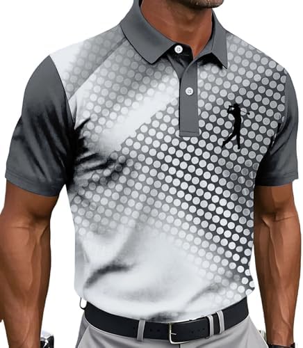 Men's Golf Polo Shirt T-Shirt Gradient Plaid Party Casual Short Sleeve Shirts Quick Dry Moisture Wicking Athletic Shirt Gray