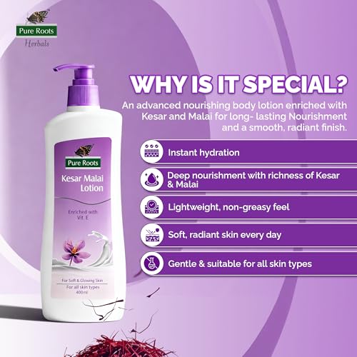 Image of Pure Roots Kesar Malai Body Lotion 400ml (Pack of 2) | Nourishing & Hydrating Moisturizer for Men & Women | Fast Absorbing, Non-Sticky Lotion for All Skin Types