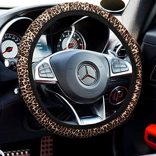 7 Pieces Leopard Print Car Accessories Set, Leopard Steering Wheel Cover, Leopard Car Cup Holder, Leopard Keyring, Armrest Pad Cover and Seat Belt Pads for Most Cars