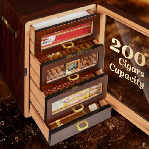Desktop Cigar Humidor Cabinet Triple-Sided Light with Digital Hygrometer, Humidifier and Humidity Packs. 4 Ceder Wood Drawers, Cigar Humidor Box can Hold 200 Cigars. Present for Men