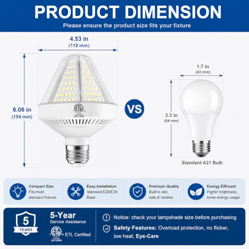 RIUVAO E26/E39 LED Corn Cob Light Bulb, 10500LM Super Bright, 700W Equivalent, 5000K Daylight White, Energy-Saving 70W Corn Light for Garage, Shop, Indoor & Outdoor Use (2-Pack) — view 5