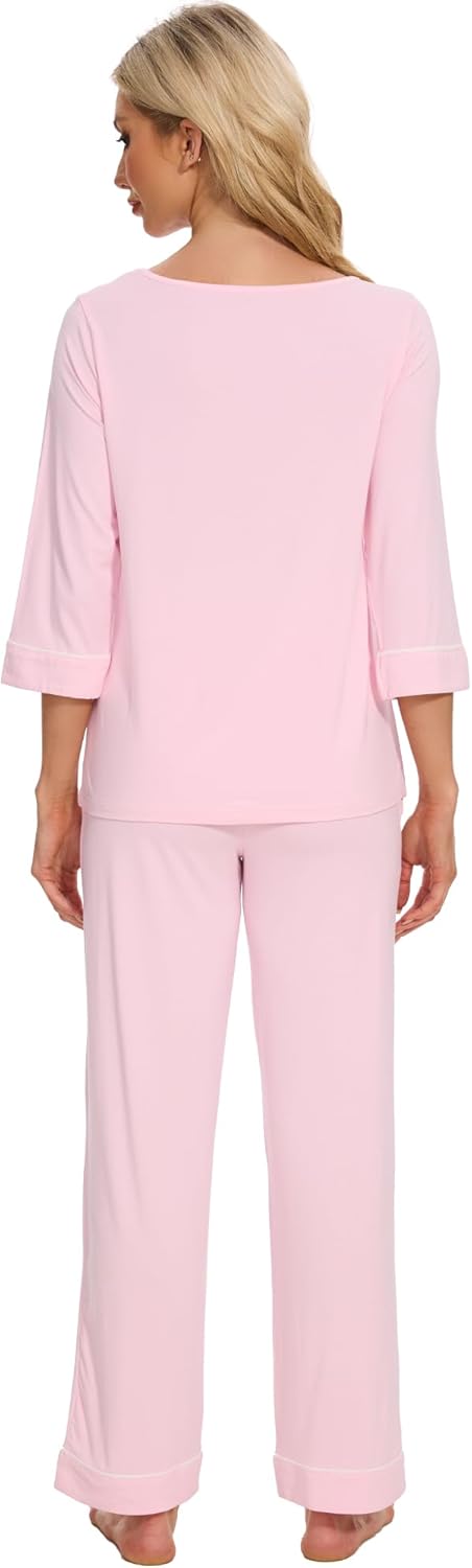 WiWi Pajamas for Women Scoop Neck 3/4 Sleeve Pajama Set Soft Sleep Lounge Set Sleepwear -Viscose from bamboo S-XXL - Image 2