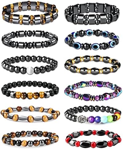 THUNARAZ 12Pcs Magnetic Hematite Bracelet Set for Men Women Anxiety Stress Relieving Bracelets Tiger Eye Therapy Energy Stone Bead Bracelet Magnetic Jewelry