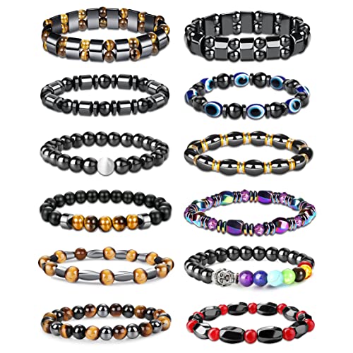 THUNARAZ 12Pcs Hematite Magnetic Bracelet Set for Men Women Tiger Eye Stone Bracelet Stree Relief Gift