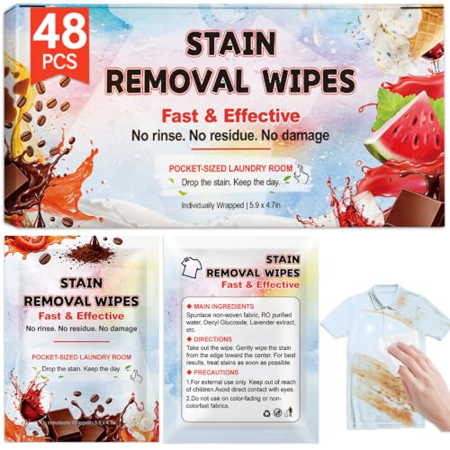 Image of 48CT Stain Remover Wipes,Portable Travel-Size Laundry Wipes for Clothes