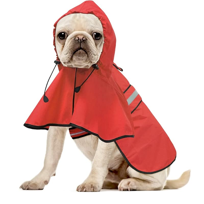 Capa de Chuva para Cães com Faixas Refletivas e Capuz Ajustável Ezierfy Vermelha, Small