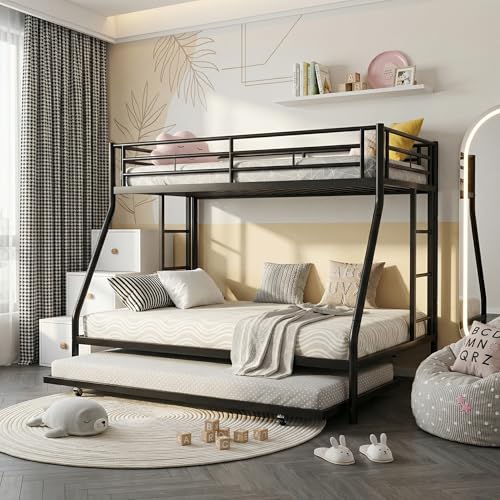 SUNLEI Metal Loft Bed with 2 Secured Ladders, Bunk Bed Twin Over Full with Trundle, Trundle Beds Twin Safety Guard, Space-Saving, Noise Free for Small Bedroom, (Black, Twin Over Full)