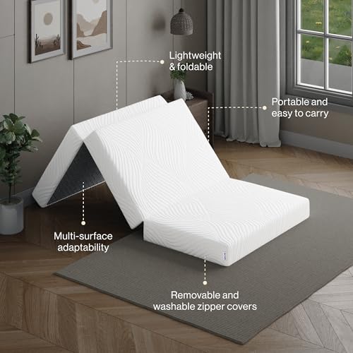Image of Springwel Tri-fold Portable Mattress | Lightweight & Compact | Use for Extra Bedding, Travel and Lounging | Anti-Skid Base | Machine Washable Cover | White, 72x36x4 Inch