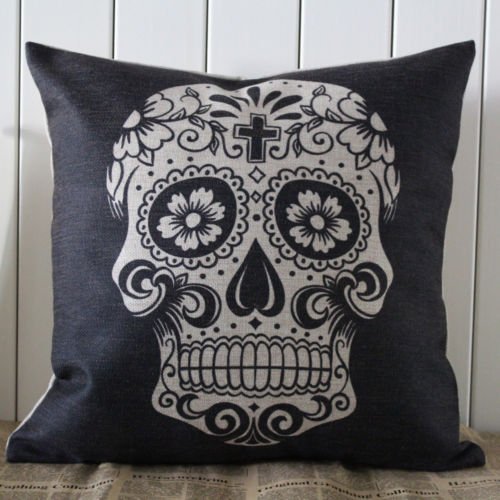18"x18" Vintage Black Red Flowers Sugar Skull Cross Linen Cotton Home Decor Square THROW Pillow Case Pillow Cover Cushion Cover Sofa Decor 45x45cm (Black and White) (18"x18"(45x45cm), Black and White)