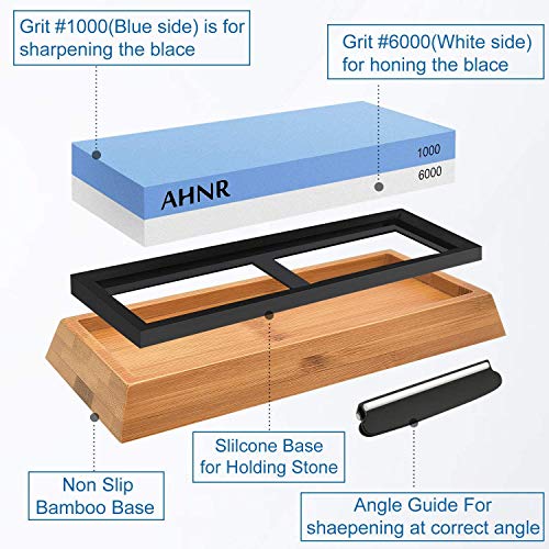 Whetstone Knife Sharpening Stone Dual Sided 1000/6000 Grit Waterstone, AHNR Premium Kitchen Knife Sharpener Whetstone Kit with NonSlip Bamboo Base & Angle Guide for Kitchen/Pocket Knives/Blades - Thumbnail 7