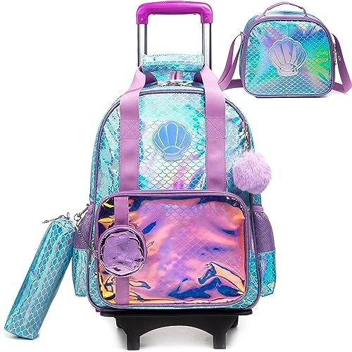 Meetbelify Rolling Backpack for Girls Backpacks with Wheels for Elementary Students Roller Backpack for Girls, Blue Mermaid