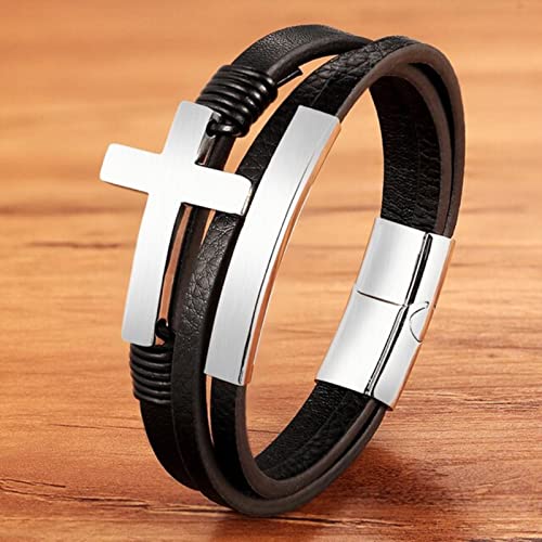 Bracelet en cuir pour hommes avec breloques croix de Jésus
