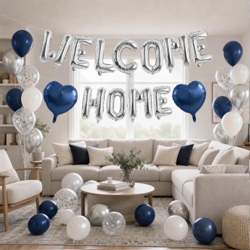Image of TONIFUL 16 Inch Silver WELCOME HOME Foil Letter Balloons with 2pcs Dusty Blue Heart Balloons for New Home Housewarming, Military Homecoming, Retirement, Welcome Back Party Decorations