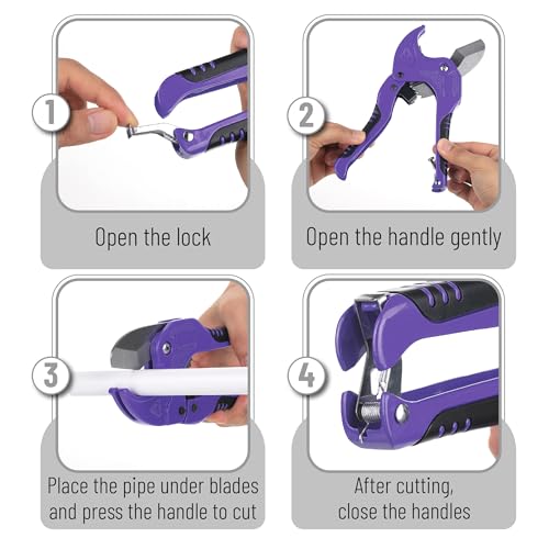 Bates- PVC Pipe Cutter, Cuts up to 1-5/8\", Purple Ratcheting PVC Pipe Cutter Tool, Pipe Cutters PVC Pipe Shears, Plastic Pipe Cutter, PEX Pipe Cutter, PVC Cutter Tool, PVC Ratchet Cutter