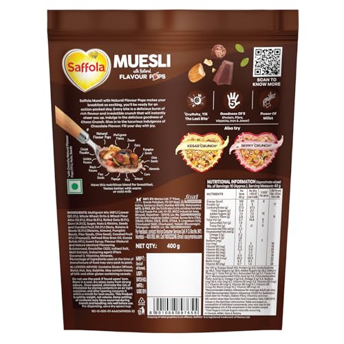 Image of Saffola Muesli Choco Crunch with Flavour Pops, 400 gm /450 gm | 15 in 1 Fruit and Nuts, Seeds, Millet & more | Cereals for breakfast with wholegrain, protein, fibre (Pack of 3)