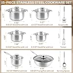 Stainless Steel Cookware Set Pots and Pans- 15 Pieces Nonstick Pot and Pan Set Includes 1 Frying Pans, 5 Pots, 6 Lids and 3 Utensils, with Stay Cooling Handle, Induction & Oven Safe