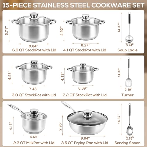 Image of Stainless Steel Cookware Set Pots and Pans- 15 Pieces Nonstick Pot and Pan Set Includes 1 Frying Pans, 5 Pots, 6 Lids and 3 Utensils, with Stay Cooling Handle, Induction & Oven Safe
