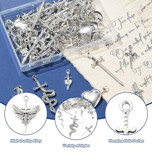 Stiesy 60Pcs 10 Styles Vintage Sword Charms Antique Silver Snake Sword Pendant Charm Tibetan Swords with Skull Heart Moth Charms for Jewellry Making DIY Bracelet Crafting - Image 3