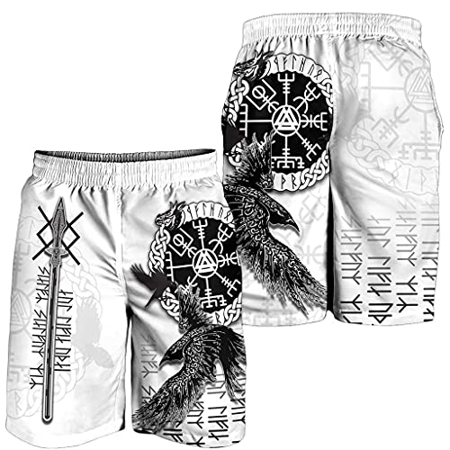 MOLVUS Short Homme Imprimé 3D Viking Corbeau Tatouage Corbeau Séchage Rapide Fête Plage Animal Nordique Short avec Poches Blanc XL