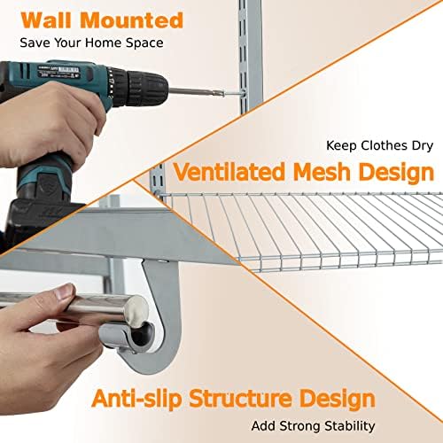 CASART Closet Organiser System, Wall-Mounted Hanging Garment Rack Clothes Storage Rail, Adjustable Wall Clothing Hanger Wardrobe Organizer for Bedroom Living Room (Grey, 3 Hanging Rods + 8 Shelves)