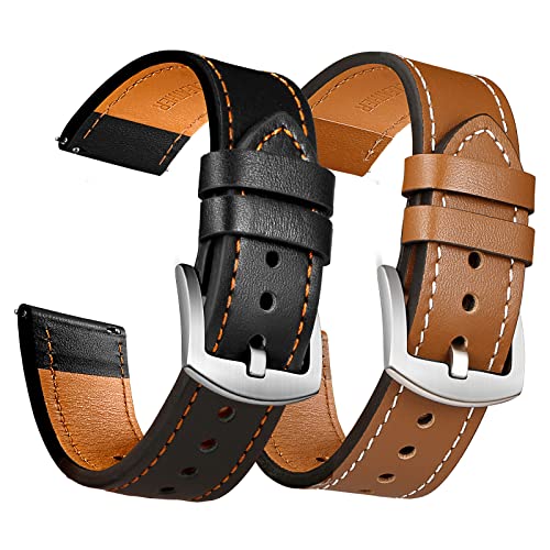 Leather Bands for Fossil Men's Gen 6 44mm / Gen 5E 44mm / Gen 5 Carlyle, 2 Pack 22mm Top Grain Leather Strap Replacement Wristband Compatible for Fossil Gen5 Carlyle Garrett Smart Watch, Black + Brown
