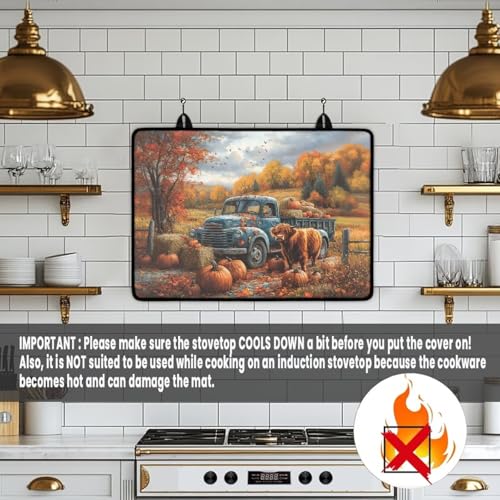 Image of Cattle Pumpkin Cat Stove Top Covers for Electric Stove, Heart Resistant Dish Drying Mat for Kitchen, Non-Slip Dust-proof Mat for Glass Stove Top, Thanksgiving Decorations