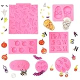 7 Pack Halloween Silicone Molds,Pumpkin Skull Fondant Chocolate Molds,Batskeleton Hand Ghost Bat Cat Candy Molds for Cake Decoration Cupcake Topper Candy Gum