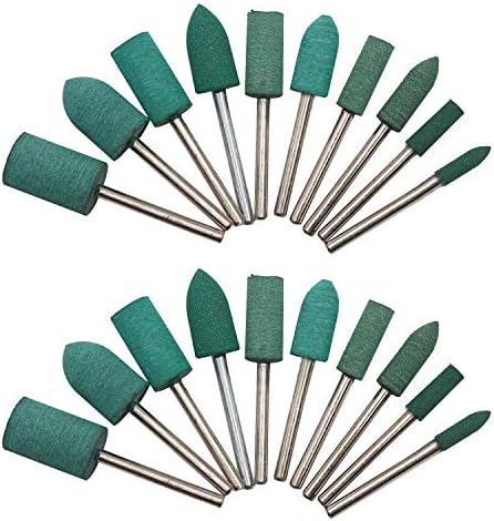 HEYMOUS Rubber Polishing Bits Polishing Drill Bit Green Buffer Abrasive Bits Metal Polish Tips Rotary Tool Accessories 3 mm Mandrel Bullet Cylinder Shape 20 Pieces (Green)
