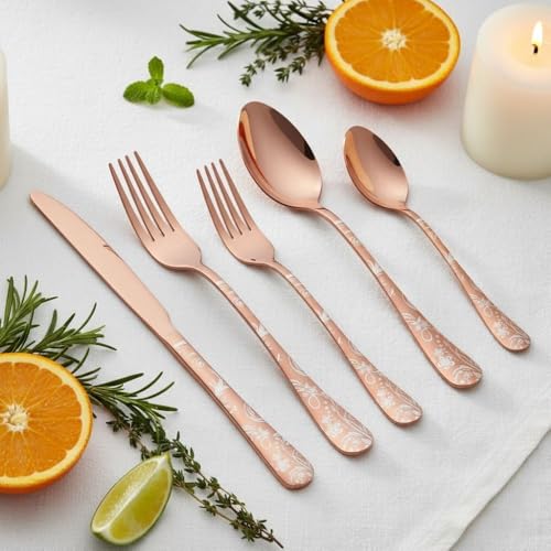Image of 20 Pcs Rosegold Floaral Stainless Steel Cutlery Set for Dining Table with Spoons and Forks Set + Butterknives - The Perfect Tableware /Flatware