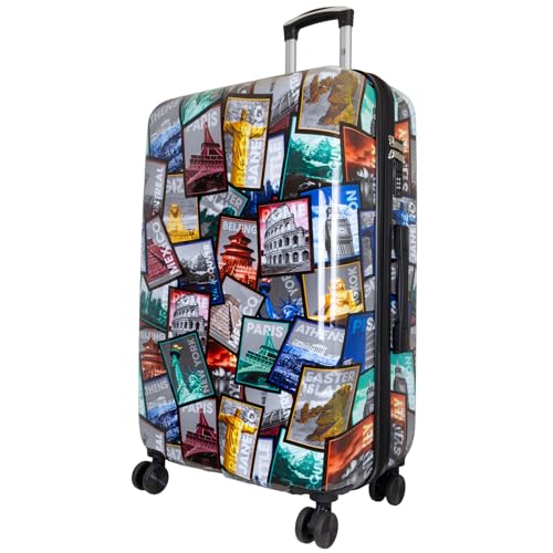 Trendyshop365 großer Reisekoffer Hartschale 77 cm - bunt Motiv Weltreise Rio Athen Paris