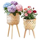 LiliGloris Boho Rattan Plant Stand Set of 2 – Handwoven Tall Elevated Wicker Plant Baskets for Indoor Plants, Mid-Century Modern Wooden Planter Holder with Tripod Legs, Farmhouse Home Decor
