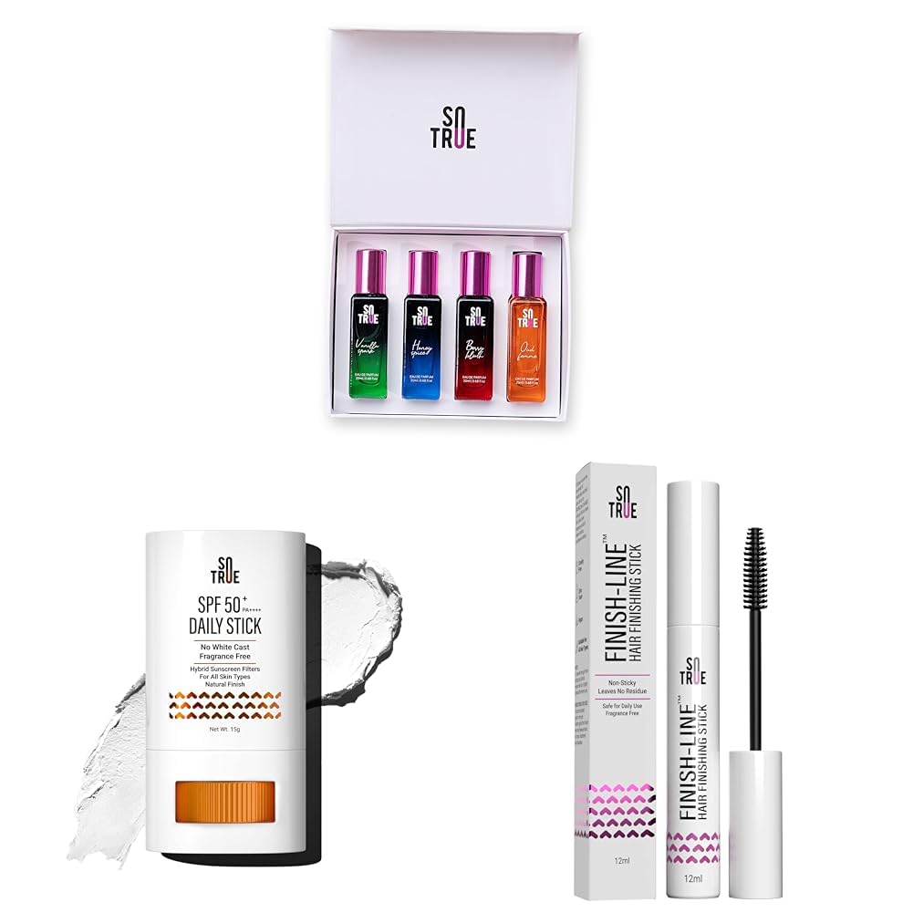 Sotrue Perfume For Women Gift Set Pack of 4x20 ML & Sotrue SPF 50+ Daily Sunscreen Stick 15g & Sotrue Finish Line Hair Finishing Stick For Women 12ml