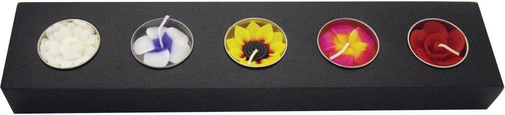 Hana Blossom 5 Handmade Mixed Scented Flower tealights on Black Wooden Tray Gift Box Set