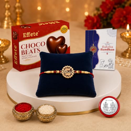 Image of DeoDap Bhai Rakhi for Brother with Effete Choco Beats Heart-Shaped Chocolates, Golden-Toned Centrepiece, Roli Chawal, Shagun Coin and Greeting Card