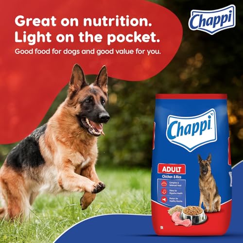 Image of Chappi Adult (1+ Years) Dry Dog Food, Chicken & Rice, 7 kg, Complete and Balanced Food for Adult Dogs (Pack of 2)