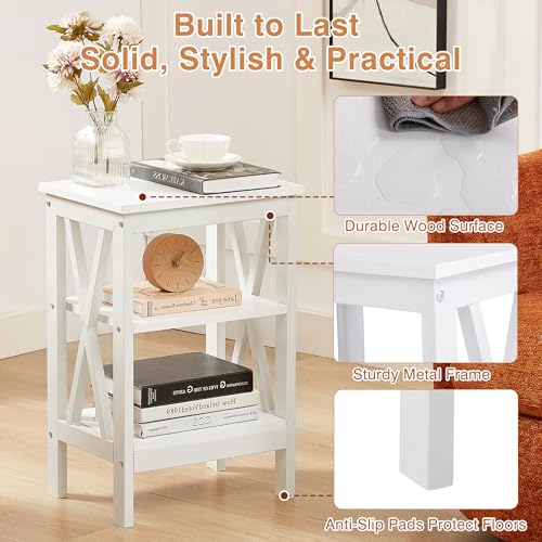 VECELO End Table Set of 2, Bedside Table, 24" Tall Living Room End Tables, X-Design Reinforced Nightstands, Side Table with 3-Tier Storage Shelves for Small Spaces, Office, Bathroom, Bedroom, White by VECELO - Image 3