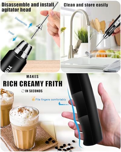 Image of YUSWKO Rechargeable Milk Frother Handheld Frother Wand Drink Mixer for Coffee, Electric Whisk 3 Speed Adjustable, Coffee Foamer Maker with 3 Stainless Whisks Ideal Stirrers for Travel - Black